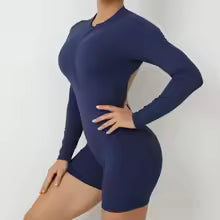 Premium Damen Yoga-Overall Nahtlos - Langarm Fitness Jumpsuit mit Reißverschluss