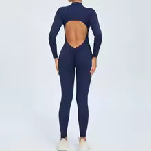 Premium Damen Yoga-Overall Nahtlos - Langarm Fitness Jumpsuit mit Reißverschluss