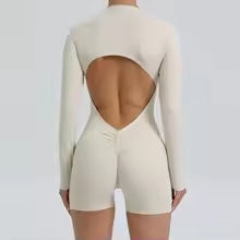 Premium Damen Yoga-Overall Nahtlos - Langarm Fitness Jumpsuit mit Reißverschluss