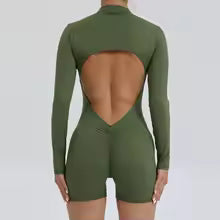 Premium Damen Yoga-Overall Nahtlos - Langarm Fitness Jumpsuit mit Reißverschluss