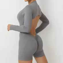 Premium Damen Yoga-Overall Nahtlos - Langarm Fitness Jumpsuit mit Reißverschluss