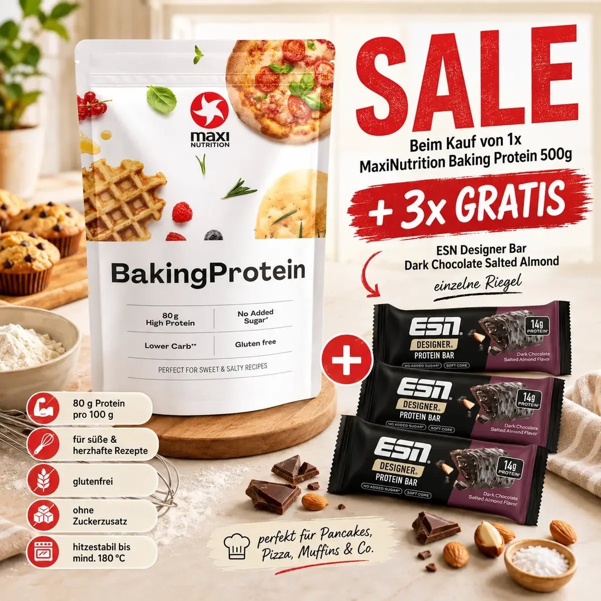 MaxiNutrition Baking Protein 500g + 3x GRATIS ESN Designer Bar – Low Carb & Glutenfrei - jostefitvita.de