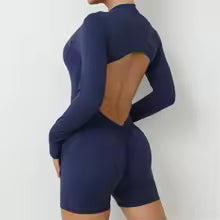 Premium Damen Yoga-Overall Nahtlos - Langarm Fitness Jumpsuit mit Reißverschluss